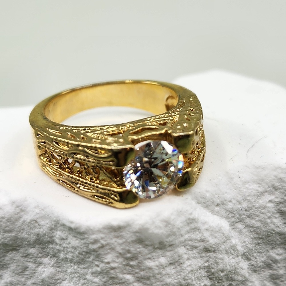 Gold Tone Dragon Ring Clear Faceted Stone Filigree Statement Cocktail Size 6